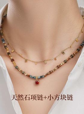 波西米亚民族风红色方糖吊坠项链多巴胺混色天然石叠戴虎眼石颈链