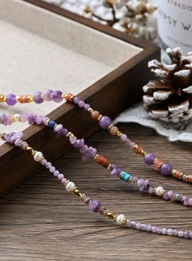 浪漫紫色天然石紫云母珍珠小众高级韩系温柔波西米亚串珠锁骨链女