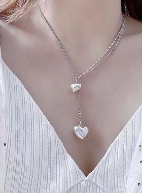 银色大小爱心项链双坠女轻奢潮小众复古简约锁骨链新款复古风