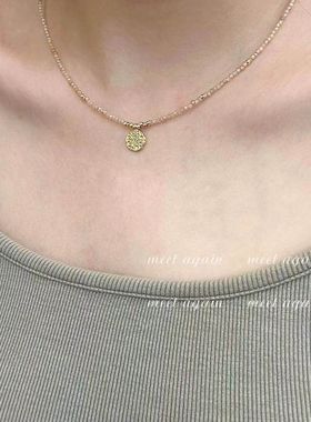 清透香槟色手工串珠锆石锁骨链 金色小众镶钻圆形挂坠高级感项链