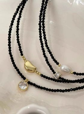 黑色尖晶石珍珠锁骨链简约复古项链女轻奢小众串珠choker颈链配饰