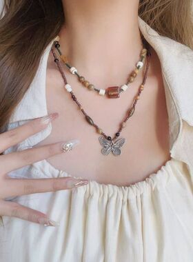 新中式项链复古串珠蝴蝶项链女轻奢小众设计感内搭禅意锁骨链配饰