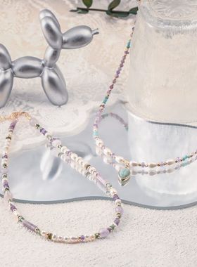 天然石珍珠天河石紫晶紫绿色薄荷曼波香芋紫高级清新温柔串珠项链