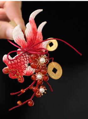 红色刺绣锦鲤花朵发夹新年氛围感