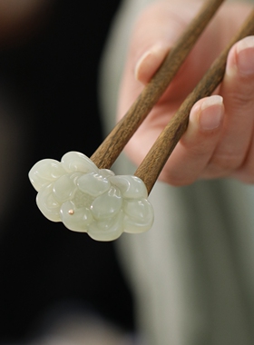 国风清冷莲花檀木U型发簪汉服