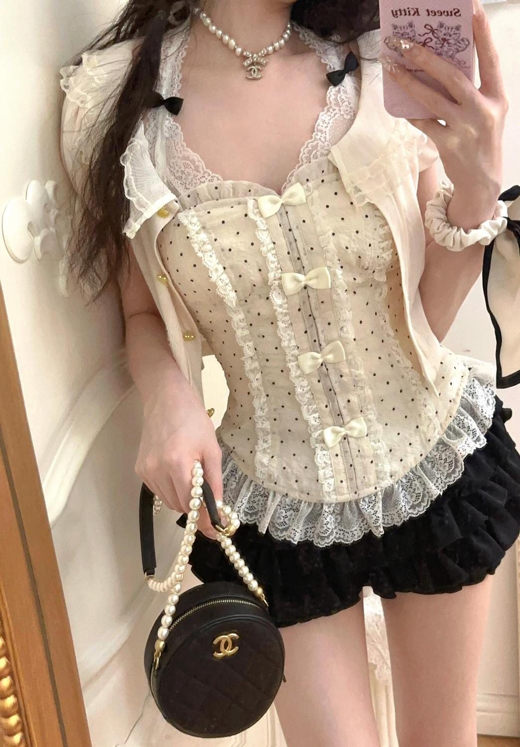 纯欲辣妹风蕾丝小吊带波点挂脖遮肉小蛮腰抹胸上衣+黑色蛋糕短裙,淘宝优惠券,粉丝福利购,淘宝优惠卷