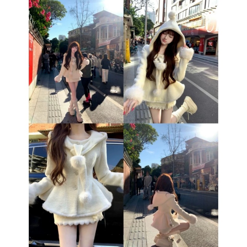 法式温柔风巨好看呢子套装连帽拼接毛绒收腰显瘦外套半身裙两件套,淘宝优惠券,粉丝福利购,淘宝优惠卷