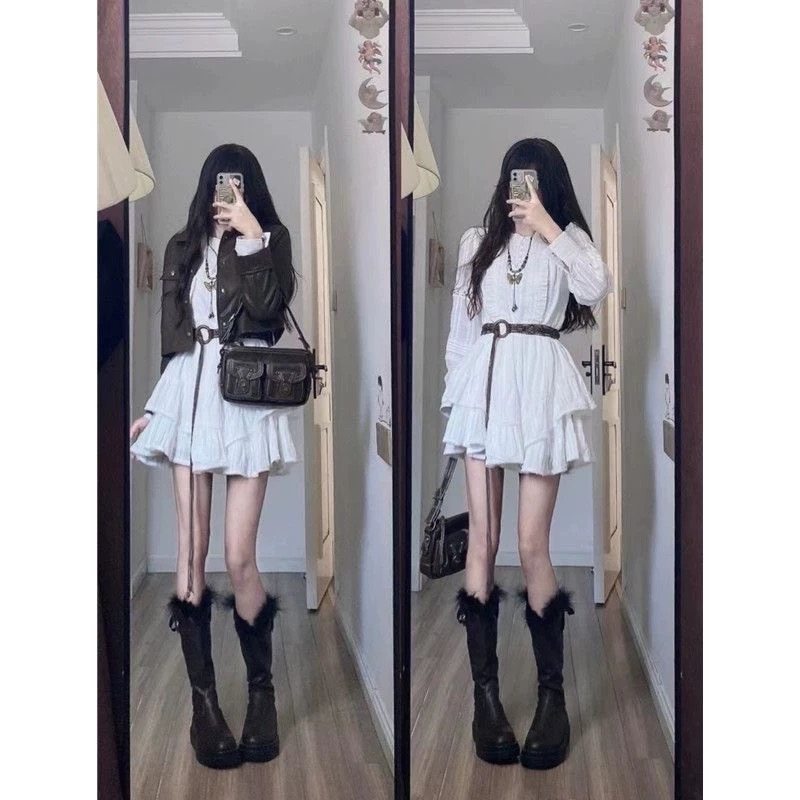 美式经典复古机车棕色百搭皮克外套+温柔风初恋感收腰小白裙套装,淘宝优惠券,粉丝福利购,淘宝优惠卷