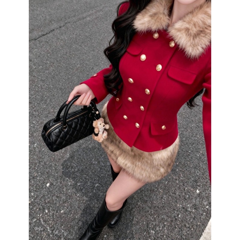 复古红色小香风高级感套装千金感新年战袍毛呢外套半身裙两件套女,淘宝优惠券,粉丝福利购,淘宝优惠卷