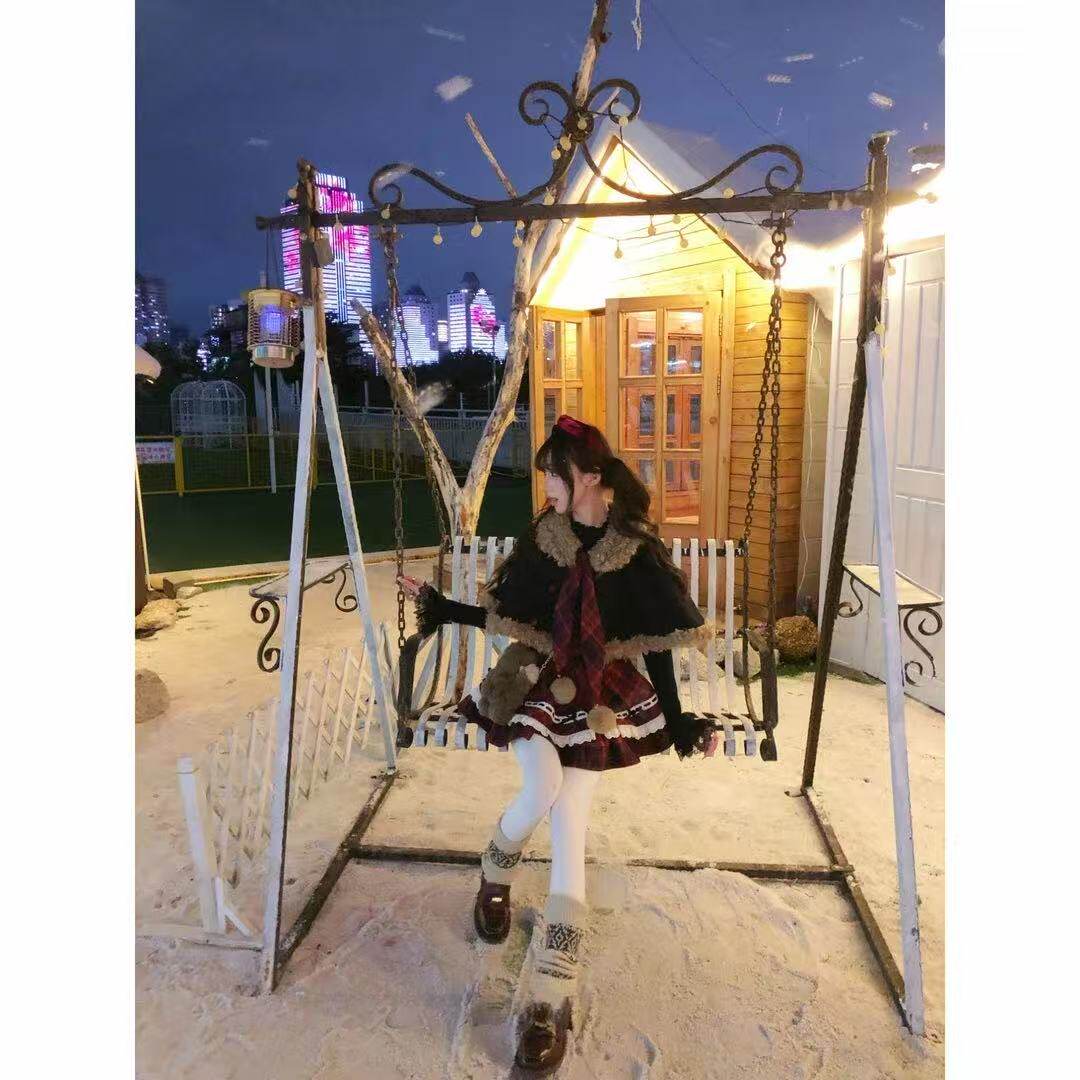 冬日少女感洋装Lolita裙圣诞节毛绒外套拼接红色假两件格纹连衣裙,淘宝优惠券,粉丝福利购,淘宝优惠卷