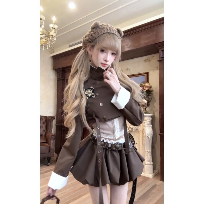 秋冬美拉德复古时尚辣妹套装棕色西装短外套蕾丝吊带花苞裙三件套,淘宝优惠券,粉丝福利购,淘宝优惠卷