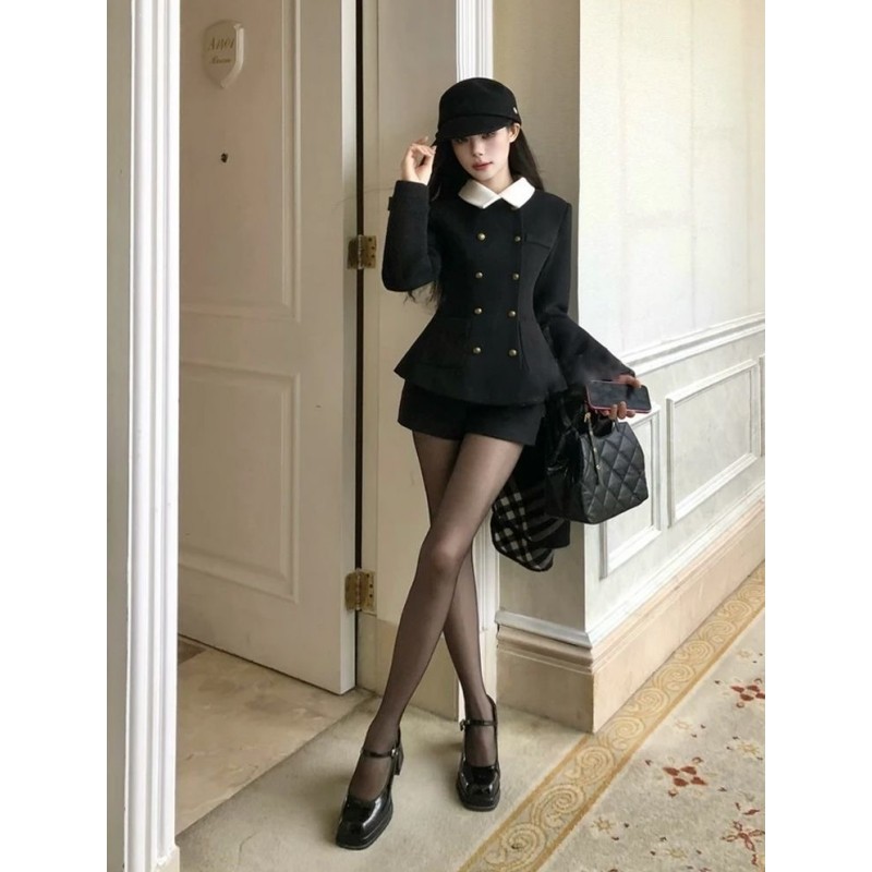冬季千金感韩系学院风黑色双排扣毛呢收腰外套修身短裤气质两件套,淘宝优惠券,粉丝福利购,淘宝优惠卷