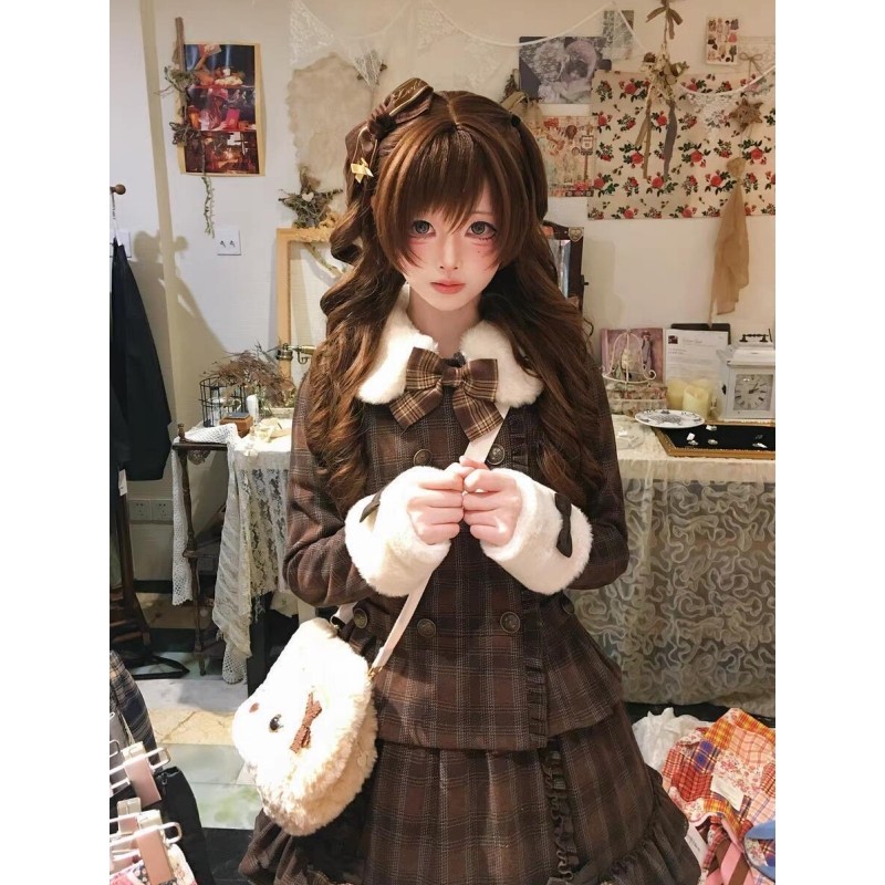 秋冬奶乖复古套装棕色格纹双排扣拼接毛领外套蝴蝶结蓬蓬裙两件套,淘宝优惠券,粉丝福利购,淘宝优惠卷