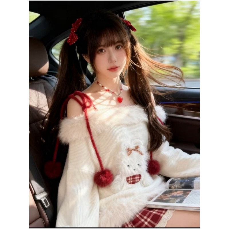 圣诞节战袍套装裙甜美一字肩毛绒宽松白色上衣红色格子短裙两件套,淘宝优惠券,粉丝福利购,淘宝优惠卷