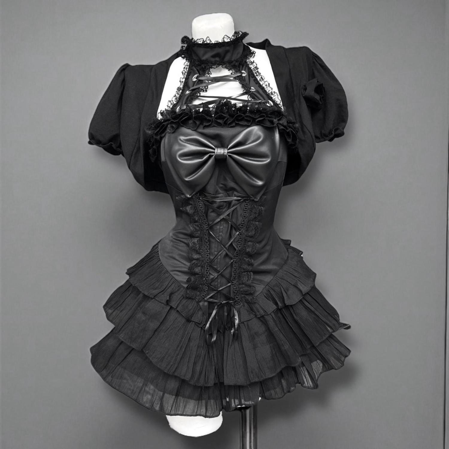 夏季甜酷哥特风暗黑黑色开衫外套挂脖蕾丝拼接系带收腰连衣裙套装,淘宝优惠券,粉丝福利购,淘宝优惠卷