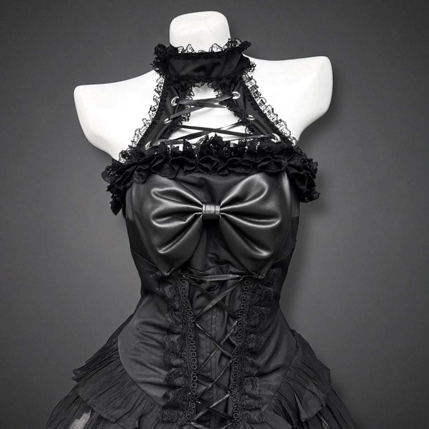 夏季甜酷哥特风暗黑黑色开衫外套挂脖蕾丝拼接系带收腰连衣裙套装,淘宝优惠券,粉丝福利购,淘宝优惠卷