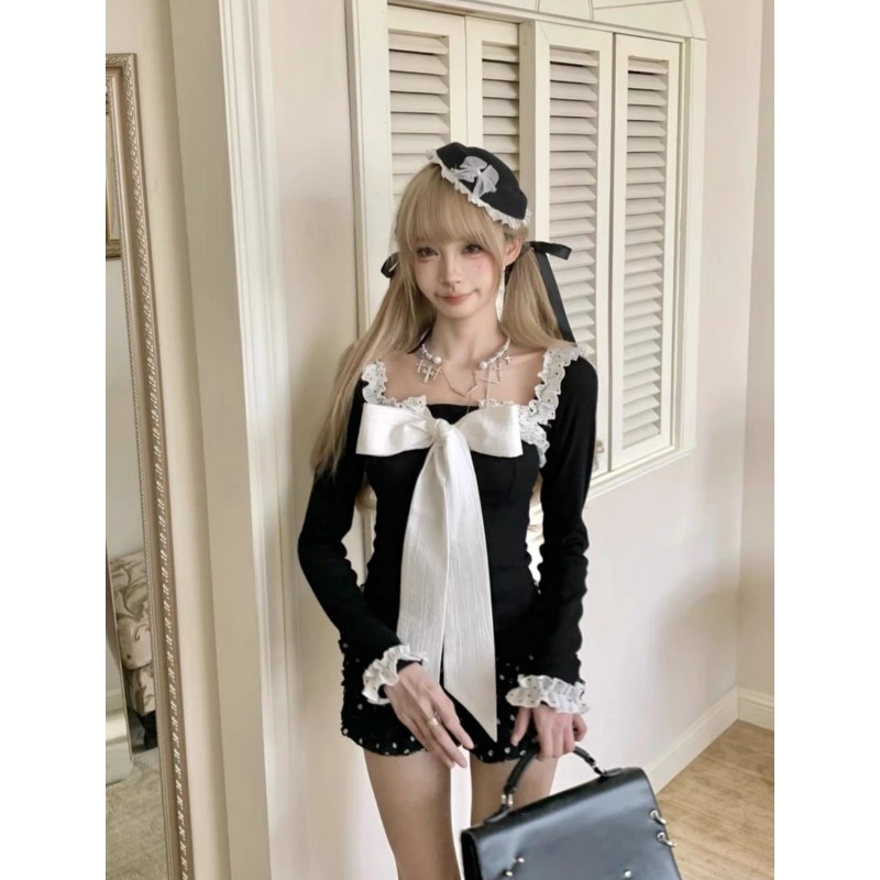 早秋纯欲风辣妹蕾丝蝴蝶结重新黑色显瘦上衣波点蛋糕裙裤两件套女,淘宝优惠券,粉丝福利购,淘宝优惠卷