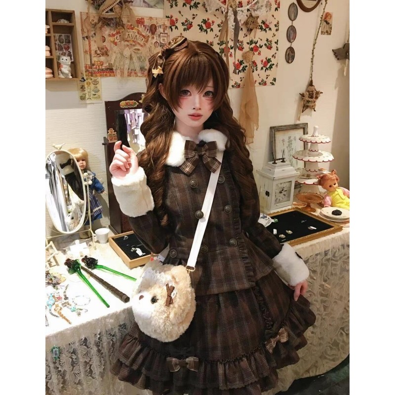 秋冬奶乖复古套装棕色格纹双排扣拼接毛领外套蝴蝶结蓬蓬裙两件套,淘宝优惠券,粉丝福利购,淘宝优惠卷