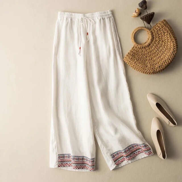 ສິ້ນຝ້າຍແລະ linen embroidered pants ຂາກ້ວາງສໍາລັບແມ່ຍິງ, slimming pants ບາດເຈັບແລະ