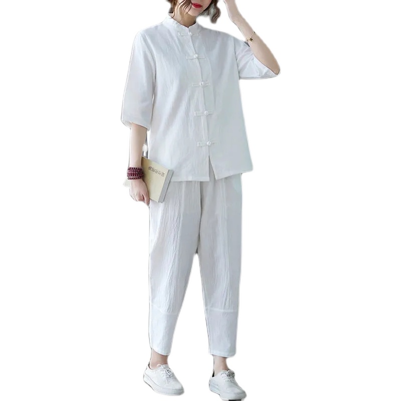 居士服女佛系衣服年轻款夏季禅意女装棉麻茶服中式唐装套装两件套-图3