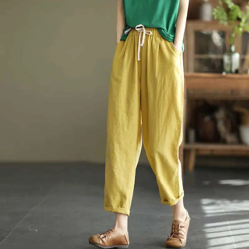 单/两件纯棉夏新款复古萝卜裤子女哈伦裤宽松纯色百搭休闲九分裤,淘宝优惠券,粉丝福利购,淘宝优惠卷