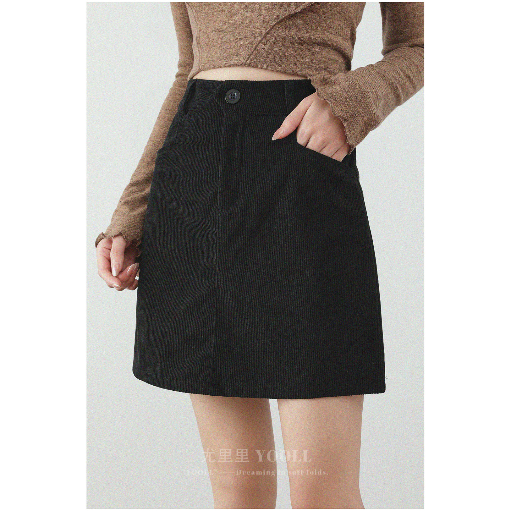纯色复古灯芯绒包臀半身裙气质中裙女秋冬新款小个子A字裙五分裙,淘宝优惠券,粉丝福利购,淘宝优惠卷