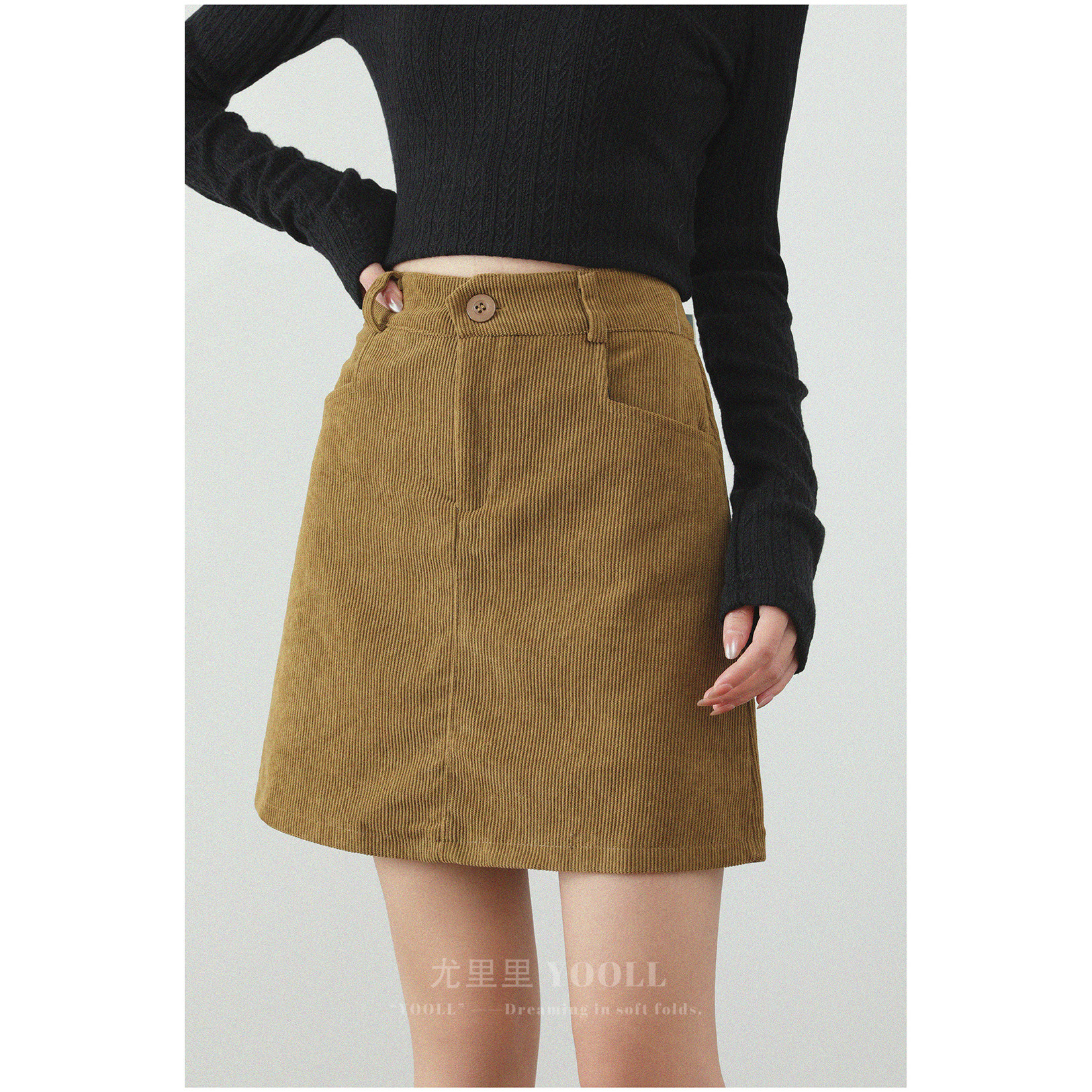 纯色复古灯芯绒包臀半身裙气质中裙女秋冬新款小个子A字裙五分裙,淘宝优惠券,粉丝福利购,淘宝优惠卷