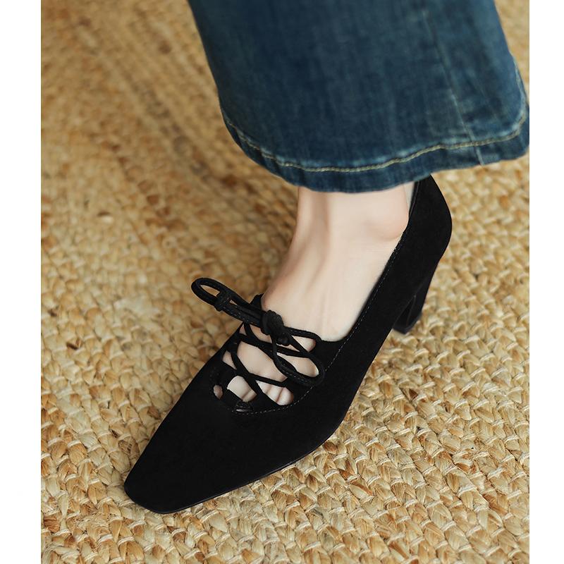 Kmeizu巨显瘦~法式小众系带单鞋女春5.5cm中跟方头新中式磨砂单鞋 - 图0