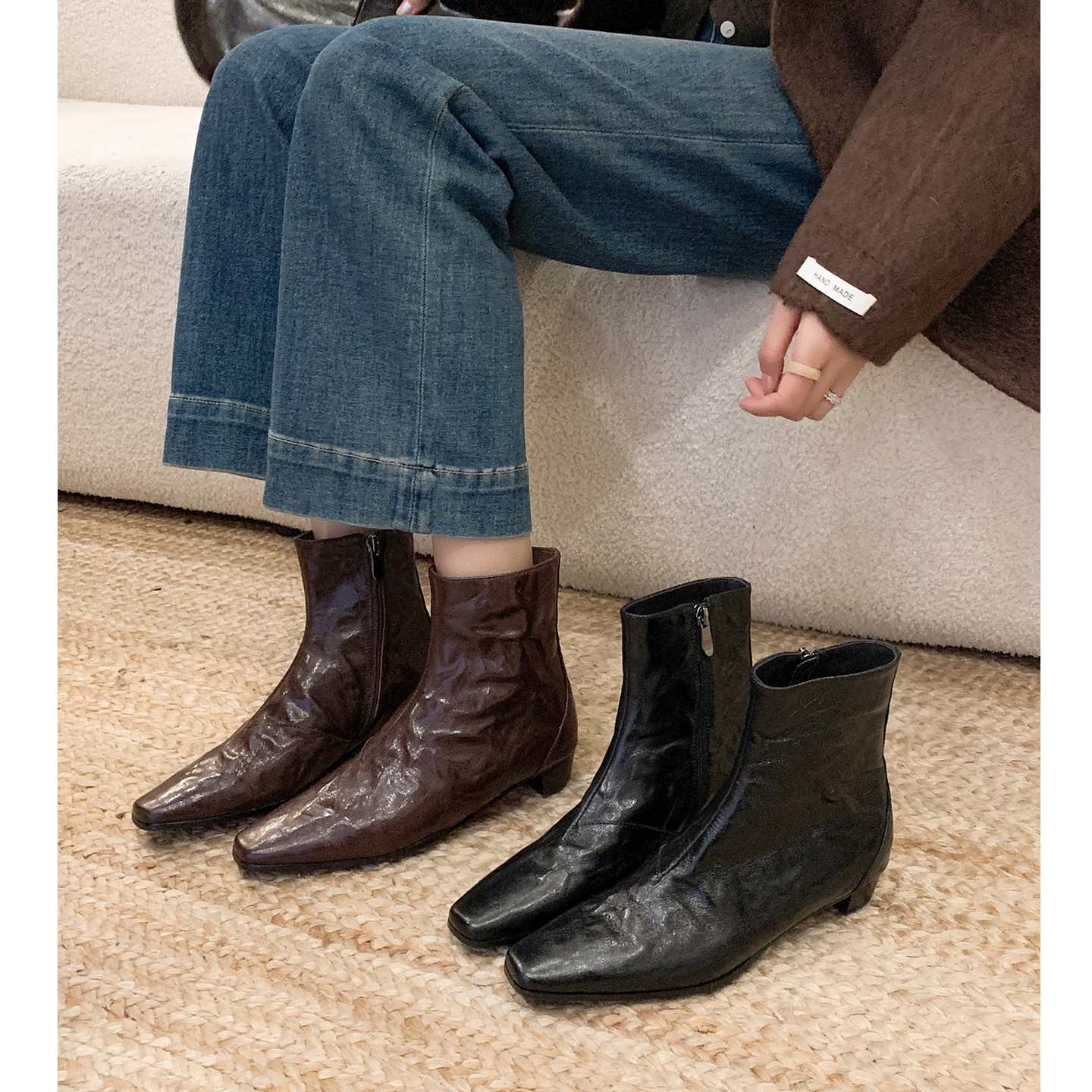 Kmeizu优雅显瘦~3cm粗猫跟短靴女秋冬方头简约静音商务及踝马丁靴,淘宝优惠券,粉丝福利购,淘宝优惠卷