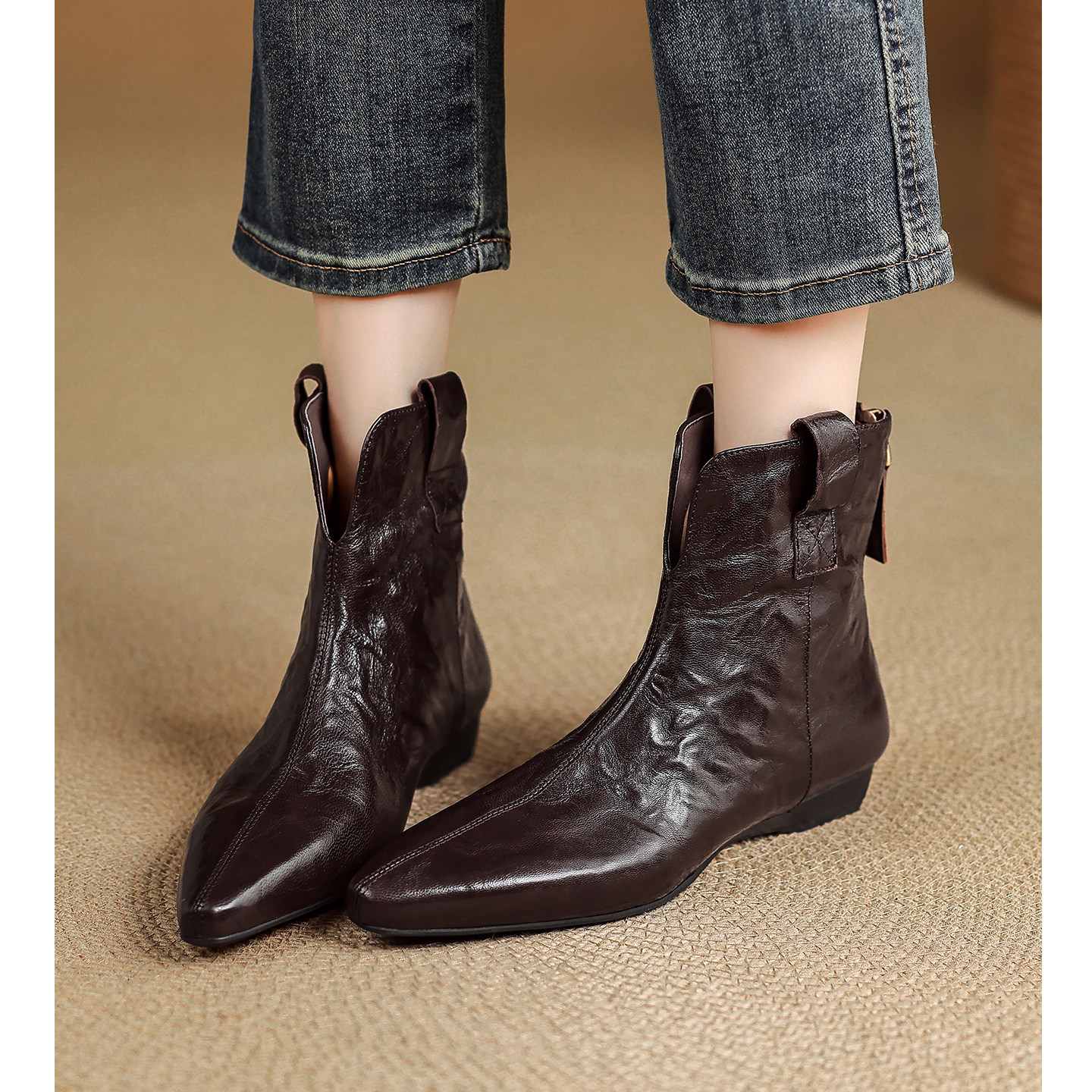 Kmeizu巨显瘦~羊皮低跟短靴女秋冬V口西部靴及踝裸简约真皮马丁靴,淘宝优惠券,粉丝福利购,淘宝优惠卷