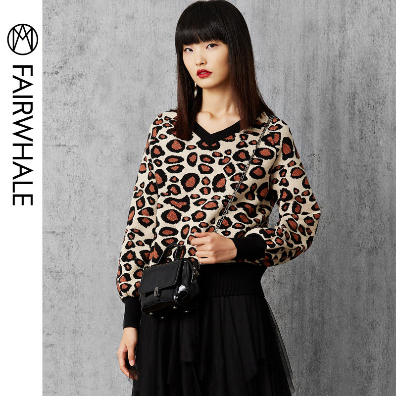 马克华菲2019秋新款豹纹修身针织衫 易崴迅服饰毛针织衫
