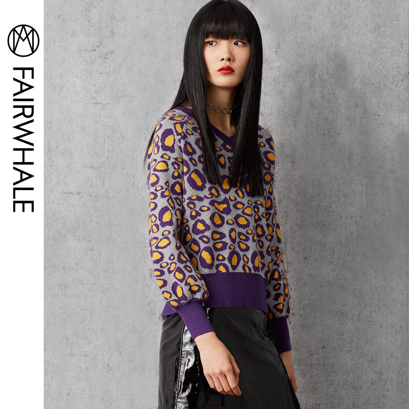 马克华菲2019秋新款豹纹修身针织衫 易崴迅服饰毛针织衫