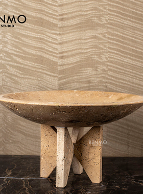 本墨黄铜洞石装饰果盘诧寂风摆件