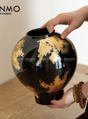 本墨 新中式手工金箔陶瓷复古陶罐大花器大肚圆花器软装饰品摆件