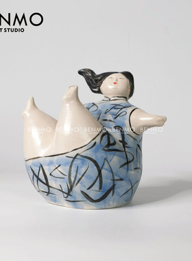 本墨 新中式中古旗袍女孩摆件 样板房客厅茶几书房桌面软装布置