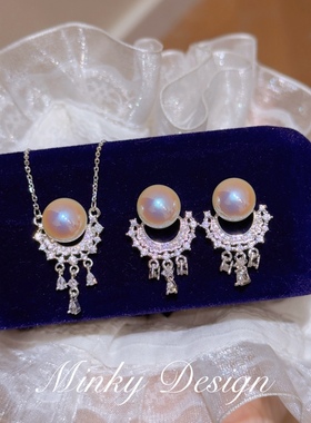 「盈月」原创设计粉光珍珠项链S925纯银锁骨链颈链蚊香盘耳夹耳饰