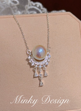 「盈月」原创设计粉光珍珠项链耳环套装锁骨链蚊香盘耳夹无耳洞女