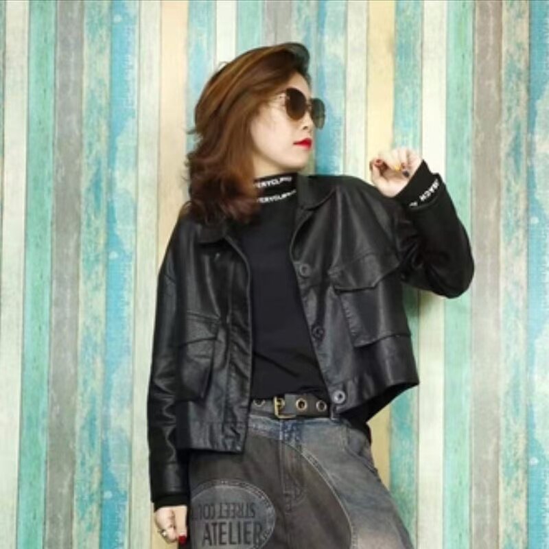 欧洲站2026秋冬新款时尚百搭简约纯色短款PU皮机车夹克外套女潮,淘宝优惠券,粉丝福利购,淘宝优惠卷
