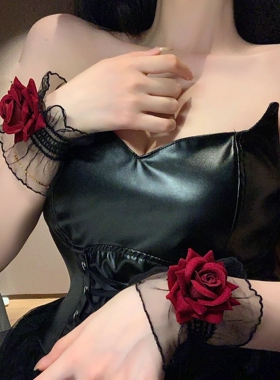 暗黑系lolita洛丽塔蕾丝手腕套手袖女酒红色玫瑰花礼服袖套气质超