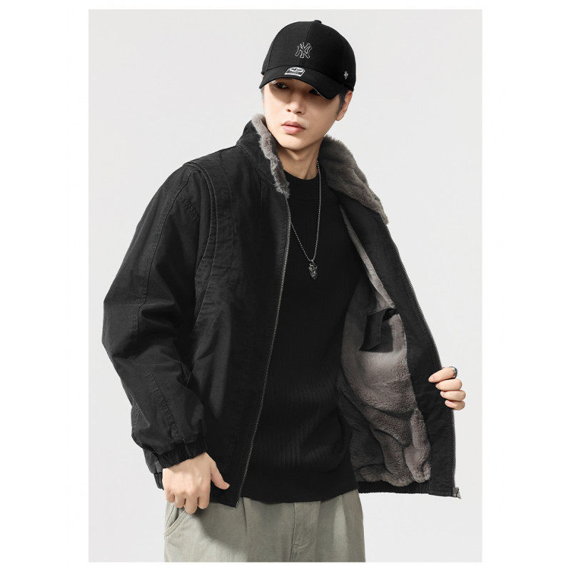 港风韩版男装2025冬新款加绒仿兔毛美式冬季保暖夹克毛领工装外套 - 图2