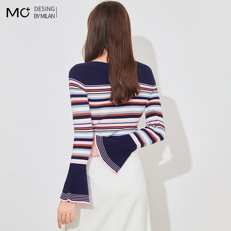 2025秋季新品修身条纹一字领打底衫洋气喇叭袖针织衫毛衣女短款,淘宝优惠券,粉丝福利购,淘宝优惠卷