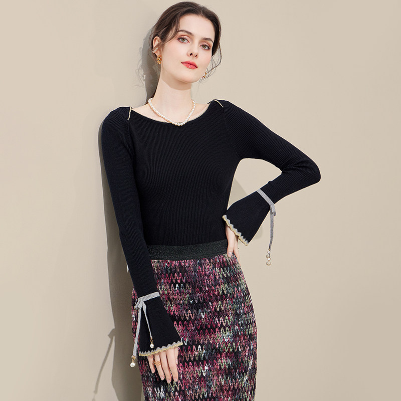 一字领毛衣上衣女2025秋季新品喇叭袖港风修身显瘦针织打底衫内搭,淘宝优惠券,粉丝福利购,淘宝优惠卷