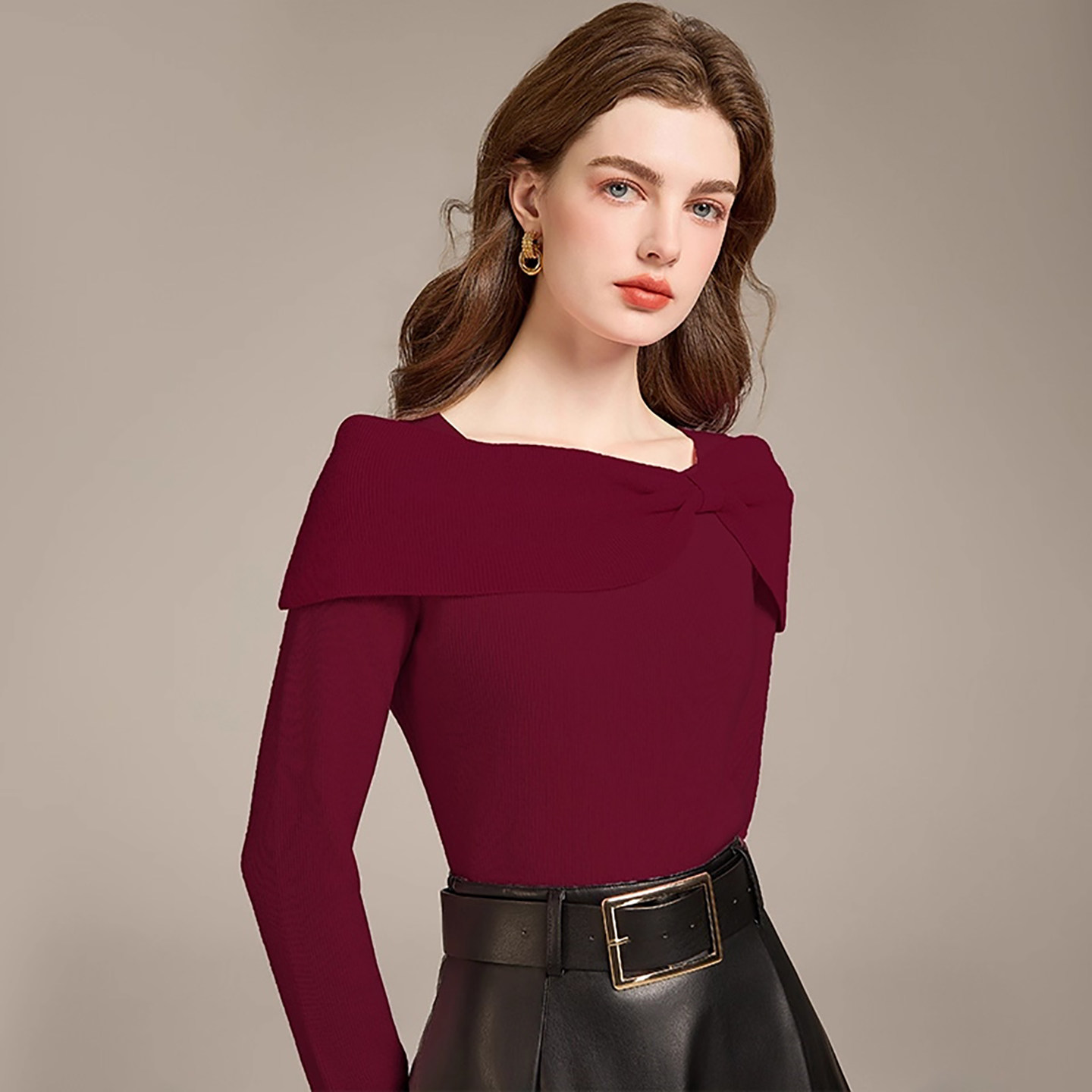 2025秋季新款气质红色上衣高级感针织衫毛衣女一字肩修身打底衫,淘宝优惠券,粉丝福利购,淘宝优惠卷