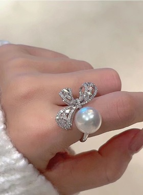 日系cherrykoko贝珠ins轻奢小众镶钻蝴蝶结媲美珍珠开口戒指女
