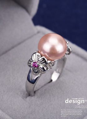 日系cherrykoko 五瓣花锆石馒头仿珍珠贝珠女款戒指