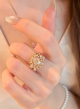 日系CherryKoko法式轻奢复古圆钻白月繁星戒指镶嵌满钻超闪精致