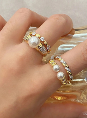 日系CherryKokovintage镶钻珍珠戒指女中古风百搭个性灰珍珠小众