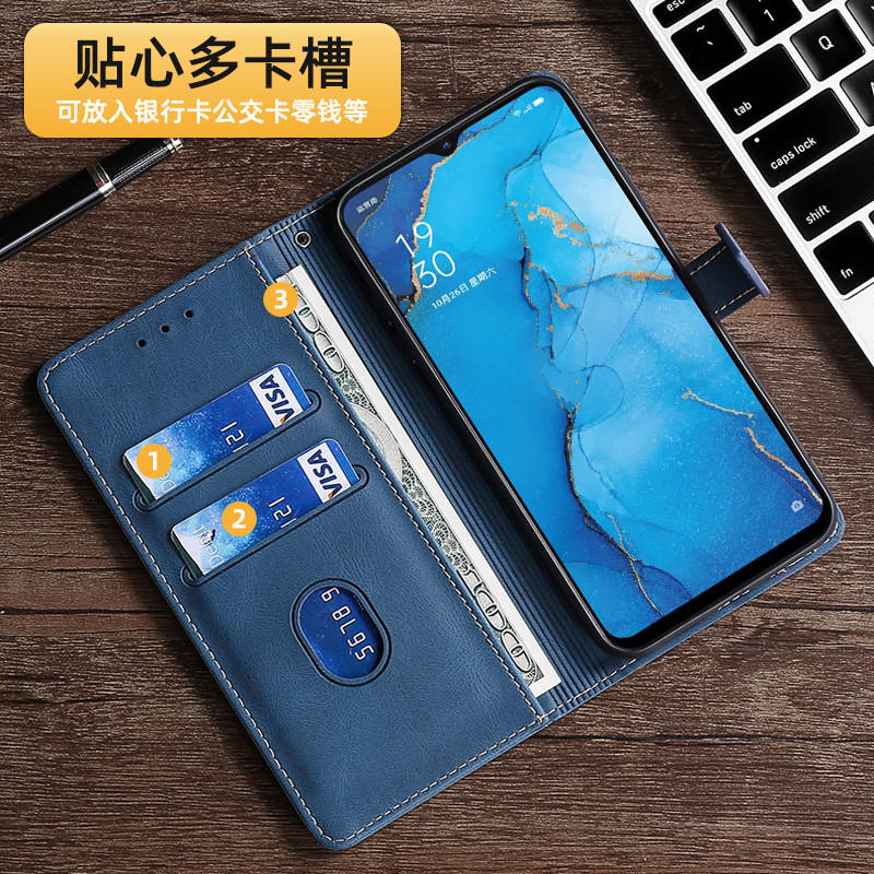 opporeno3手机壳新款reno3翻盖式皮套5g元气版保护套reno3pro双面真皮全包防摔0pp0创意磁吸外壳男女商务高级 - 图3