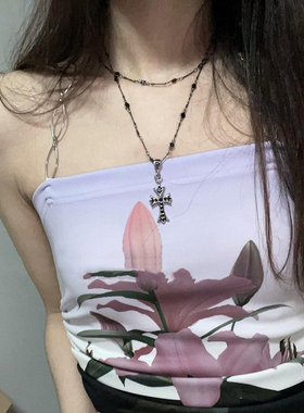 甜酷辣妹黑色十字架项链双层叠戴