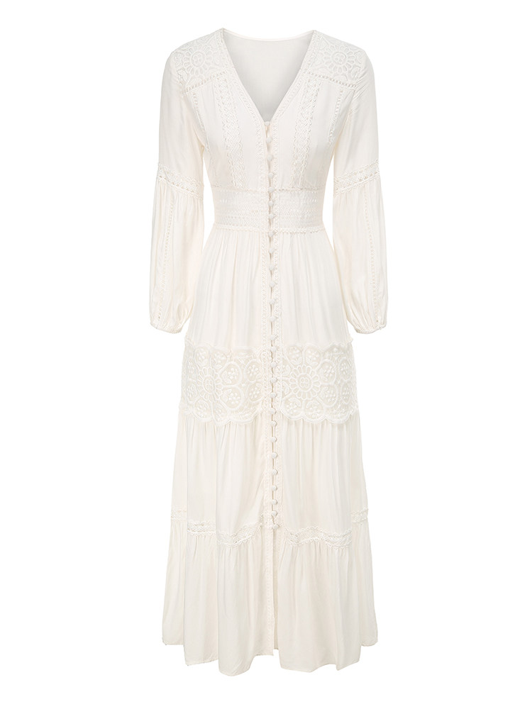 白色长袖连衣裙法式复古气质沙滩裙 爱情巴士连衣裙